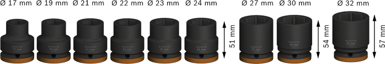 Jogo de soquetes de impacto Bosch PRO de 3/4 de polegada, 9 peças de tamanhos variados.